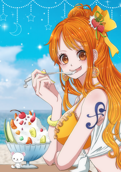 Anime picture 1200x1700 with one piece toei animation nami (one piece) kisaragi (sb032029) single long hair tall image looking at viewer blush fringe breasts light erotic smile large breasts holding sky cloud (clouds) upper body outdoors nail polish