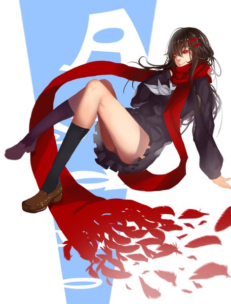 Anime picture 950x1248 with kagerou project shaft (studio) tateyama ayano xiaoshou xiansheng single long hair tall image black hair smile red eyes looking away pleated skirt adjusting hair girl skirt hair ornament socks hairclip scarf black socks