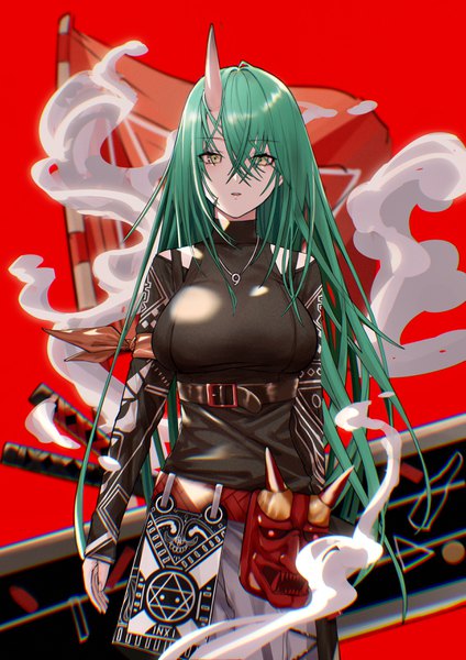 Anime picture 2480x3508 with arknights hoshiguma (arknights) hoshiguma (patrolling ronin) (arknights) wakashisumi single long hair tall image looking at viewer fringe highres breasts open mouth simple background hair between eyes large breasts standing yellow eyes long sleeves horn (horns) green hair