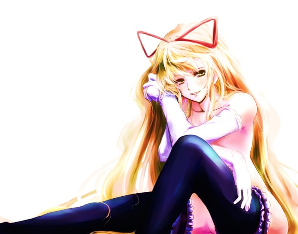 Anime picture 1400x1100 with touhou yakumo yukari dearmybrothers single fringe light erotic blonde hair simple background smile white background sitting yellow eyes very long hair girl thighhighs gloves underwear bow black thighhighs hair bow