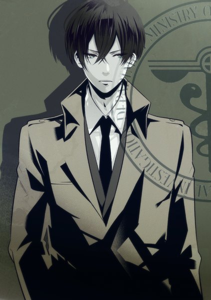 Anime picture 906x1286 with psycho-pass production i.g nobuchika ginoza kuso bba single tall image short hair black hair standing looking away shadow monochrome hand in pocket boy necktie cloak