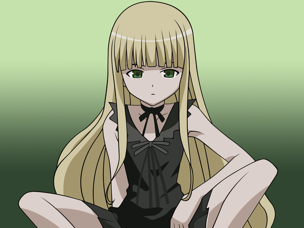 Anime picture 1600x1200 with mahou sensei negima! evangeline a k mcdowell tagme (artist) single long hair fringe blonde hair simple background sitting green eyes blunt bangs gradient background vector girl dress choker black dress