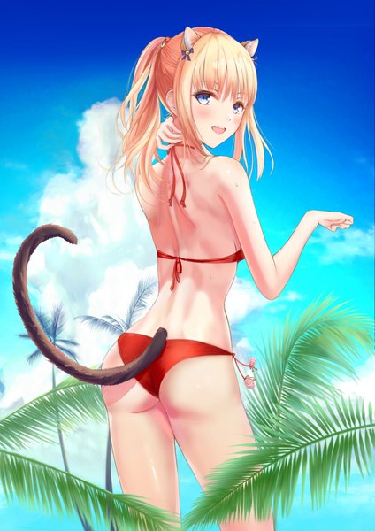 Anime picture 1592x2251 with original bnari single long hair tall image looking at viewer blush fringe open mouth blue eyes light erotic blonde hair smile standing bare shoulders animal ears payot sky cloud (clouds) outdoors
