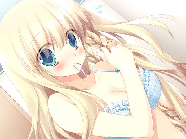 Anime picture 1600x1200 with kicking horse rhapsody orina nobara single long hair blush light erotic blonde hair holding game cg aqua eyes mouth hold hair tie in mouth hairdressing braiding hair girl lingerie bra hair tie blue bra