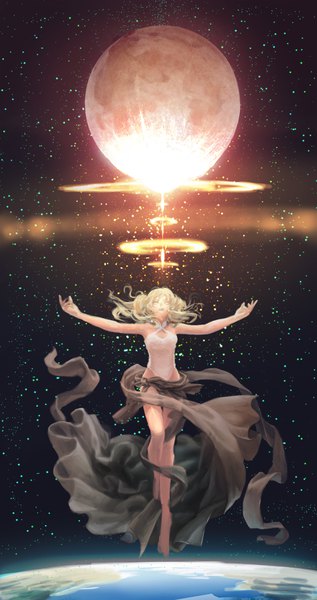 Anime picture 2000x3780 with original gaoxinda single tall image highres light erotic blonde hair bare shoulders full body barefoot floating hair looking up spread arms space girl moon planet earth