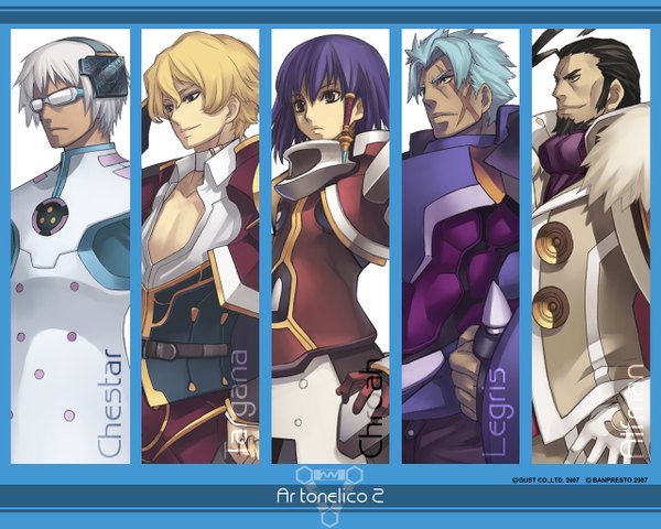 Anime picture 1280x1024 with ar tonelico ar tonelico ii gust (company) chroah vatel legris branchesca alfman uranos chester lu whinoah prince targana nagi ryou fringe short hair black hair blonde hair smile payot looking away purple hair ahoge upper body white hair