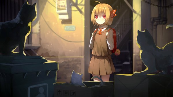 Anime picture 2133x1200 with touhou rumia sh (562835932) single looking at viewer fringe highres short hair blonde hair hair between eyes red eyes wide image standing ahoge outdoors blurry arms up shadow depth of field city