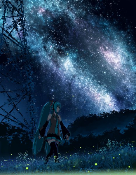Anime picture 1200x1543 with vocaloid hatsune miku domo1220 single tall image fringe twintails bare shoulders looking away long sleeves very long hair pleated skirt aqua hair night wide sleeves zettai ryouiki night sky walking milky way girl