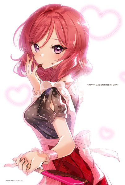 Anime picture 600x888 with love live! school idol project sunrise (studio) love live! nishikino maki tsukigami luna single tall image looking at viewer blush short hair white background purple eyes red hair looking back polka dot valentine finger in mouth girl food heart
