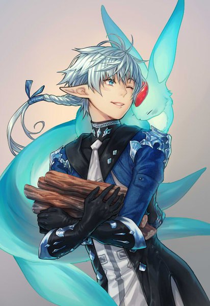 Anime picture 550x800 with final fantasy final fantasy xiv square enix elezen carbuncle (final fantasy) alphinaud leveilleur tamtam ex single long hair tall image blush blue eyes simple background smile sitting silver hair tail braid (braids) one eye closed pointy ears