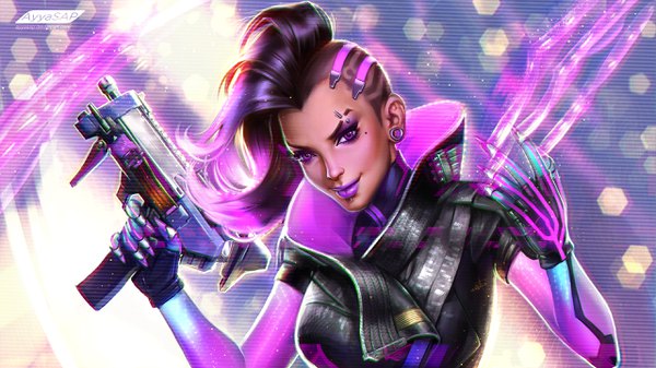 Anime picture 2560x1440 with overwatch blizzard entertainment sombra (overwatch) ayyasap single long hair looking at viewer highres black hair smile wide image purple eyes holding signed purple hair realistic mole mole under eye lipstick piercing