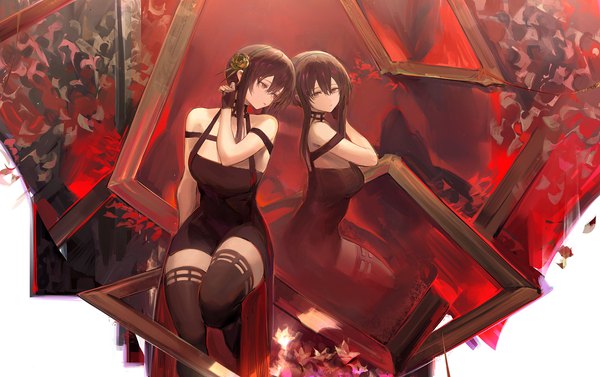 Anime picture 2629x1652 with spy x family yor briar koio single long hair fringe highres black hair hair between eyes brown eyes looking away reflection empty picture frame girl thighhighs dress black thighhighs black dress picture frame