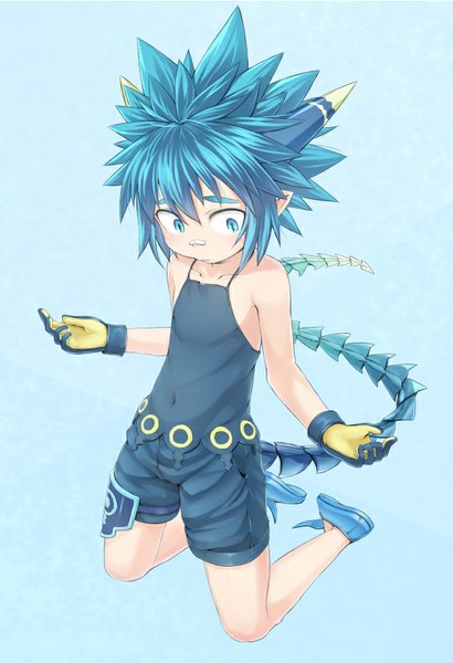Anime picture 620x906 with summon night lyurm (summon night) ell single tall image blush short hair blue eyes simple background blue hair tail pointy ears blue background bandaid on nose boy gloves navel shorts bandaid clothes