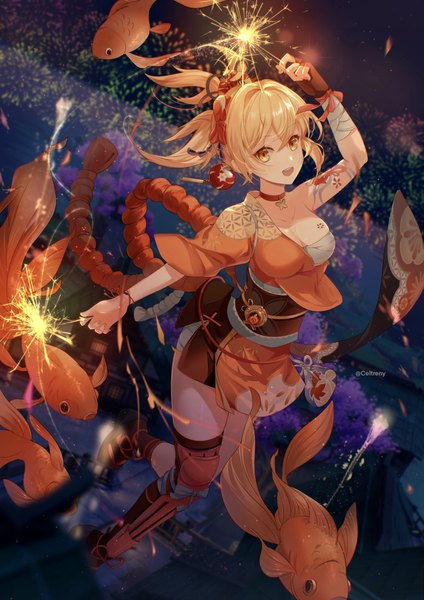 Anime picture 3508x4962 with genshin impact yoimiya (genshin impact) celtreny single tall image looking at viewer fringe highres short hair breasts open mouth light erotic blonde hair smile hair between eyes holding signed yellow eyes absurdres traditional clothes
