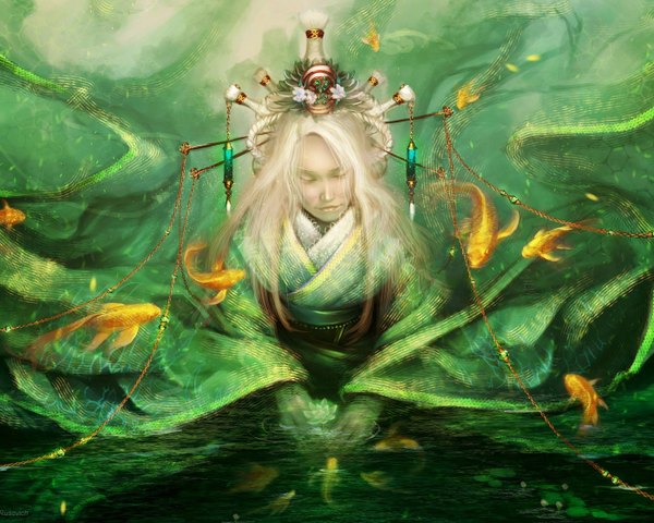 Anime picture 1400x1120 with helen rusovich single long hair blonde hair holding white hair braid (braids) eyes closed traditional clothes japanese clothes green background cropped girl hair ornament flower (flowers) water kimono fish (fishes) water lily goldfish