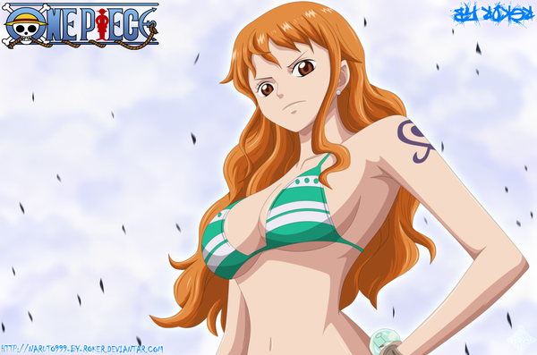 Anime picture 1710x1132 with one piece toei animation nami (one piece) naruto999-by-roker single long hair highres light erotic brown eyes sky cloud (clouds) orange hair inscription from below midriff tattoo coloring girl navel earrings