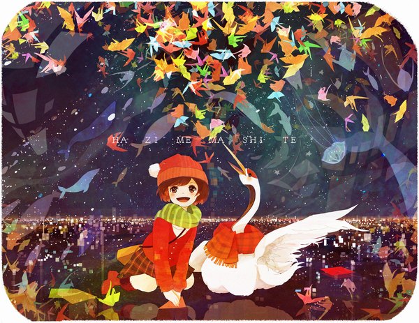 Anime picture 1269x980 with original kakushi kirenakatta (artist) short hair open mouth red hair night city happy city lights girl hat animal scarf bird (birds) star (stars) fish (fishes) paper whale crane (bird) paper crane