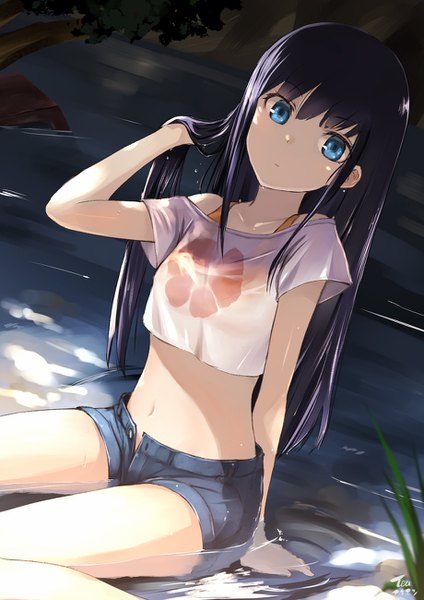 Anime picture 919x1300 with original tea (nakenashi) single long hair tall image looking at viewer blush fringe breasts blue eyes black hair hair between eyes sitting signed outdoors head tilt off shoulder arm support midriff wet