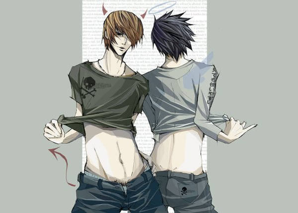Anime picture 1280x914 with death note madhouse yagami light l (death note) tagme (artist) fringe short hair light erotic black hair simple background brown hair tail horn (horns) from behind hair over one eye back undressing skull and crossbones skull print wings