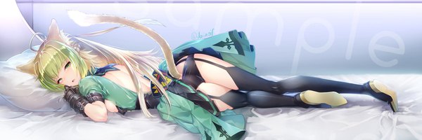 Anime picture 2100x700 with fate (series) fate/grand order fate/apocrypha atalanta (fate) miyuki ruria single long hair looking at viewer blush fringe breasts open mouth light erotic blonde hair wide image holding green eyes signed animal ears cleavage