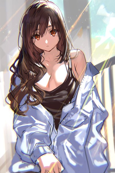 Anime picture 799x1200 with original ranou single long hair tall image looking at viewer fringe breasts light erotic hair between eyes brown hair large breasts standing brown eyes cleavage long sleeves sunlight off shoulder open jacket frown