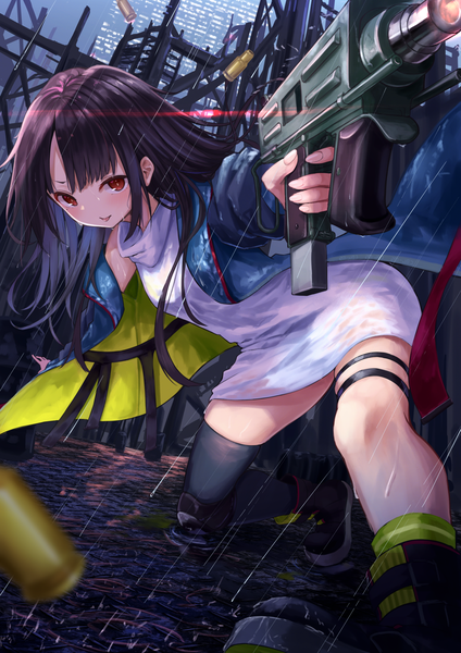 Anime picture 1191x1684 with girls frontline c-ms (girls frontline) kinome noi single long hair tall image looking at viewer blush fringe black hair red eyes holding payot outdoors blunt bangs fingernails wind blurry off shoulder open jacket