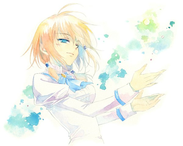 Anime picture 1000x797 with otome wa boku ni koishiteru otome wa boku ni koishiteru futari no elder kayleigh glanzelius agahari single short hair blue eyes blonde hair white background wind traditional media watercolor (medium) girl hands