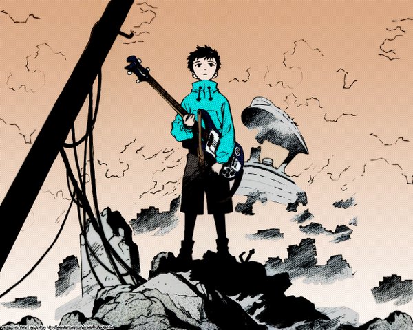 Anime picture 1280x1024 with flcl gainax nandaba naota sadamoto yoshiyuki single looking at viewer short hair black hair standing signed full body wallpaper monochrome third-party edit colored boy shorts musical instrument guitar