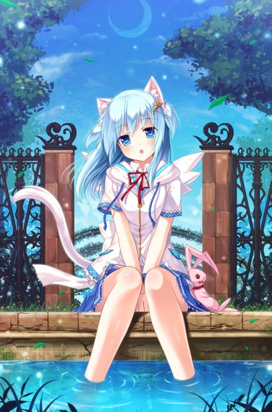Anime picture 861x1300 with original mint (yano mitsuki) yano mitsuki long hair tall image looking at viewer blush fringe open mouth blue eyes sitting twintails animal ears blue hair sky cloud (clouds) bent knee (knees) tail animal tail pleated skirt