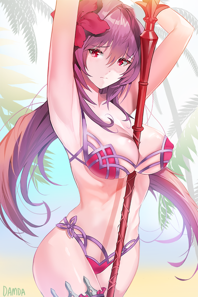 Anime picture 667x1000 with fate (series) fate/grand order scathach (fate) (all) scathach (swimsuit assassin) (fate) damda single long hair tall image looking at viewer blush fringe breasts light erotic hair between eyes red eyes large breasts standing holding signed cleavage