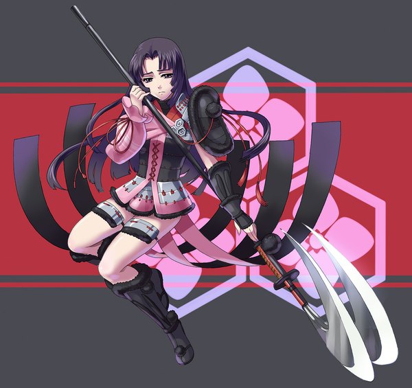 Anime picture 1082x1020 with sengoku basara production i.g oichi hariyama (artist) single long hair purple eyes purple hair sad girl skirt weapon armor knee boots polearm naginata