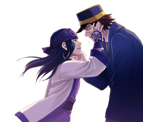 Anime-Bild 943x800 mit golden kamuy asirpa sugimoto saichi 3459ym long hair short hair simple background brown hair white background blue hair traditional clothes profile tears eye contact hand on another's face ainu clothes girl boy earrings hairband