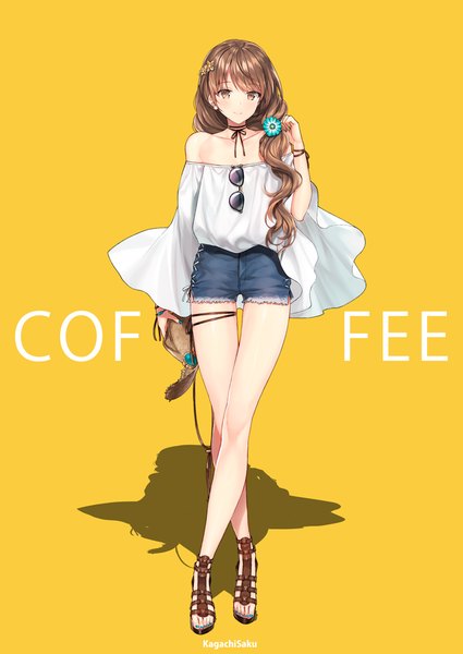 Anime picture 708x1000 with original kagachi saku single long hair tall image looking at viewer blush fringe simple background smile hair between eyes brown hair standing bare shoulders holding brown eyes signed full body nail polish hair flower