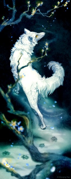 Anime picture 500x1250 with original yuumei single tall image yellow eyes profile from above winter snow no people walking footprints plant (plants) animal tree (trees) branch wolf