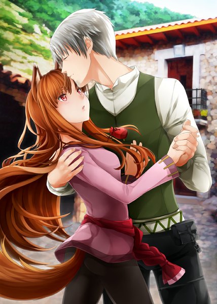 Anime picture 713x1000 with spice and wolf horo craft lawrence ninamo long hair tall image blush short hair open mouth brown hair animal ears silver hair tail eyes closed animal tail profile pink eyes :o hug holding hands
