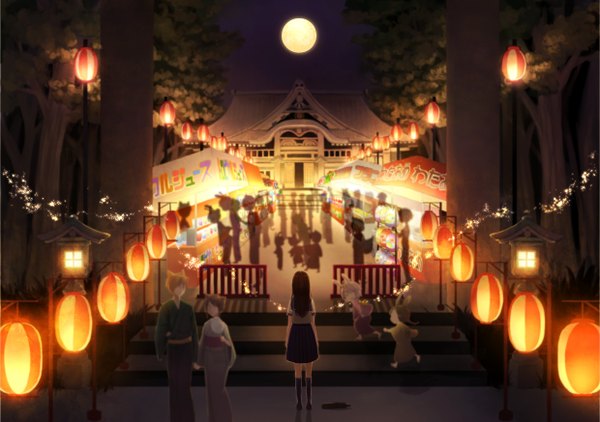 Anime picture 2480x1748 with original fujino iro highres brown hair animal ears japanese clothes from behind night shadow silhouette festival girl plant (plants) tree (trees) kimono moon full moon lantern stairs child (children)