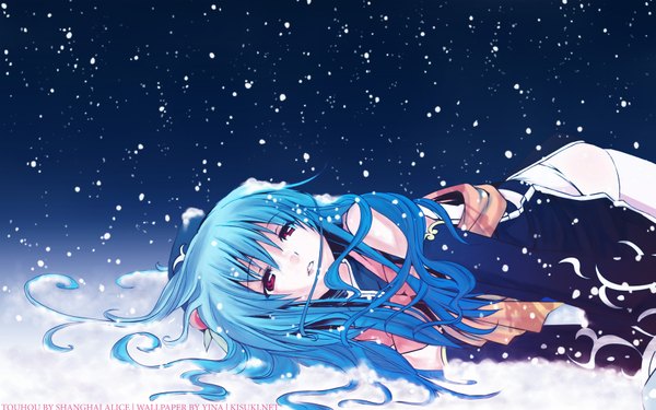 イラスト 1680x1050 と 東方 比那名居天子 えれっと ソロ 長髪 赤い目 wide image 青い髪 snowing winter 雪 女の子