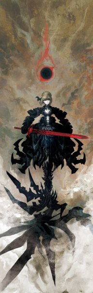 Anime picture 964x3000 with fate (series) fate/stay night type-moon artoria pendragon (all) saber saber alter huke single tall image fringe short hair breasts blonde hair yellow eyes wind revision eclipse girl weapon sword