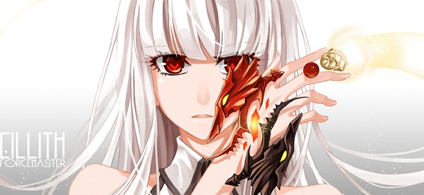 Anime picture 1143x527 with blade & soul cross akiha single long hair looking at viewer fringe open mouth red eyes wide image white hair glowing close-up face glow girl