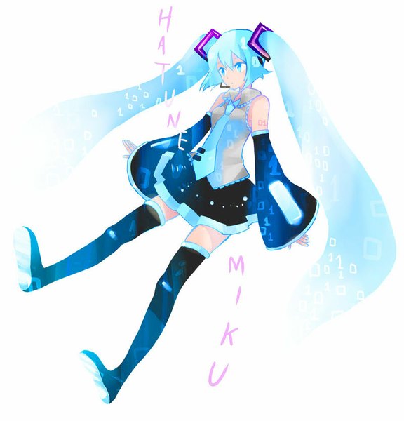 Anime picture 800x832 with vocaloid hatsune miku sugano manami single long hair tall image simple background white background twintails bare shoulders looking away aqua eyes aqua hair character names girl detached sleeves necktie boots headphones thigh boots