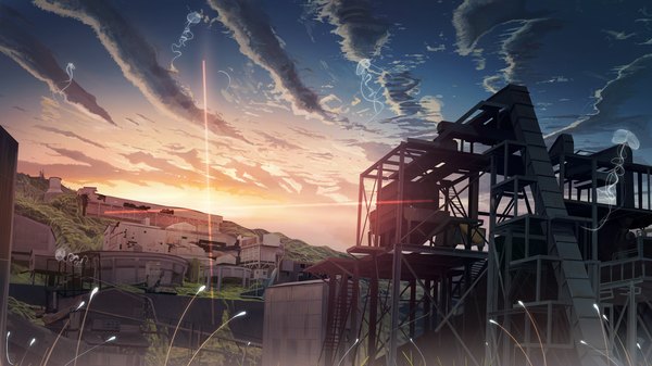 Anime picture 3840x2160 with original banishment highres wide image absurdres sky cloud (clouds) lens flare evening sunset no people landscape plant (plants) building (buildings) jellyfish