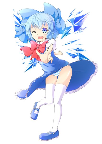Anime picture 1185x1667 with touhou cirno nogisaka kushio single tall image short hair open mouth blue eyes light erotic simple background white background blue hair one eye closed wink pantyshot girl thighhighs dress underwear panties
