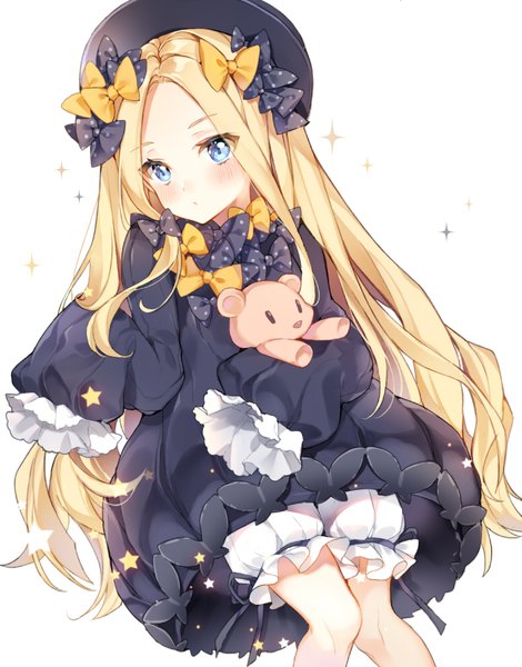 Anime picture 774x987 with fate (series) fate/grand order abigail williams (fate) pingo single long hair tall image blush blue eyes simple background blonde hair white background long sleeves girl dress bow hair bow hat black dress star (symbol)