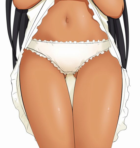 Anime picture 1139x1200 with captain earth studio bones mutou hana monaka (mentsukidou) single long hair tall image light erotic black hair simple background standing white background bare belly bare legs close-up skirt lift girl dress skirt underwear
