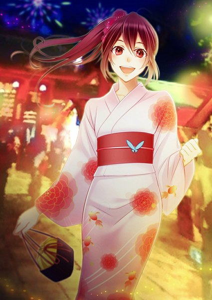 Anime picture 752x1062 with free! kyoto animation matsuoka gou e sasaoka single long hair tall image looking at viewer blush open mouth red eyes ponytail red hair traditional clothes japanese clothes night fireworks festival girl kimono