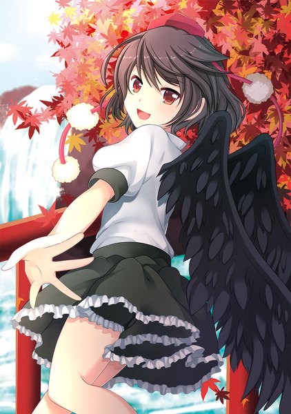 Anime picture 1000x1422 with touhou shameimaru aya swami single tall image fringe short hair open mouth black hair hair between eyes red eyes puffy sleeves black wings frilly skirt waterfall girl skirt miniskirt wings water