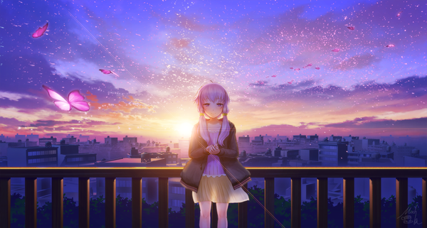 Anime picture 1100x589 with vocaloid voiceroid yuzuki yukari mocha (cotton) single long hair looking at viewer blush smile wide image purple eyes sky purple hair cloud (clouds) ahoge sunlight open jacket evening sunset horizon