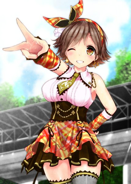 イラスト 858x1201 と アイドルマスター アイドルマスターシンデレラガールズ 本田未央 もくふう ソロ 長身像 カメラ目線 赤面 短い髪 おっぱい 茶色の髪 大きな乳房 one eye closed ウィンク orange eyes sleeveless 腰に手 grin symbol-shaped pupils ピースサイン