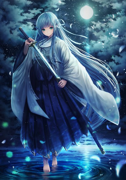 Anime picture 823x1169 with original botamochi single long hair tall image looking at viewer fringe standing holding green eyes cloud (clouds) full body blunt bangs traditional clothes japanese clothes barefoot wind night wide sleeves night sky