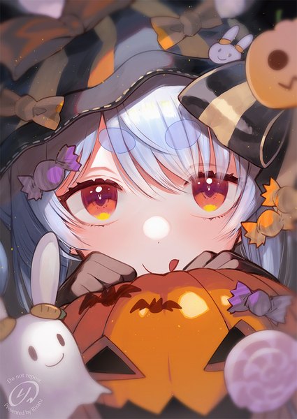 Anime picture 828x1169 with virtual youtuber hololive usada pekora rixxtu single tall image looking at viewer red eyes blue hair upper body eyebrows halloween :q girl gloves hat black gloves food sweets tongue